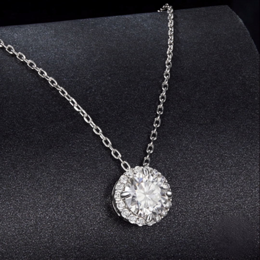 Halo Moissanite Sterling Silver Pendant Necklace