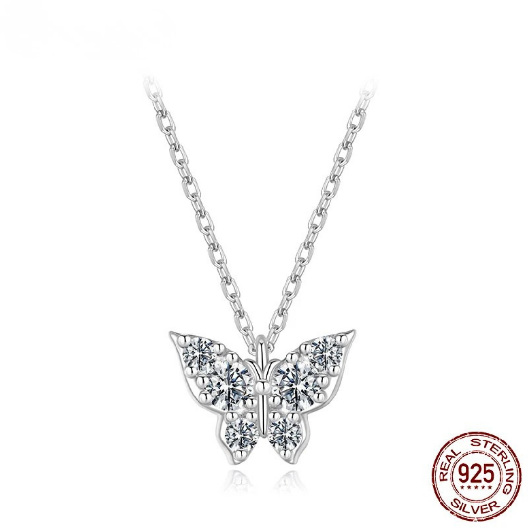 Moissanite Butterfly Sterling Silver Pendant Necklace