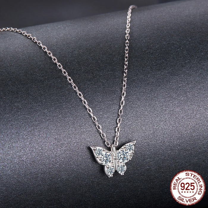 Moissanite Butterfly Sterling Silver Pendant Necklace