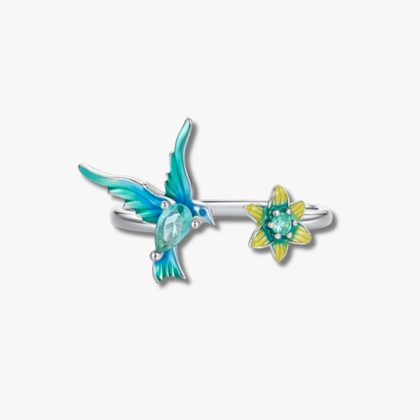 Hummingbird & Flower Sterling Silver Open Ring