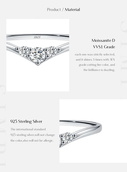 Three-Stone Moissanite Sterling Silver Chevron Ring