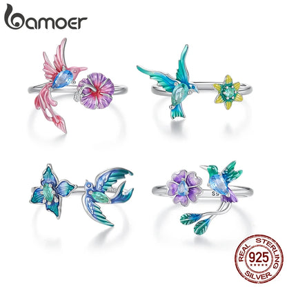 Hummingbird & Flower Sterling Silver Open Ring