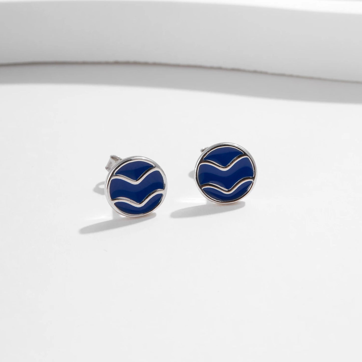 Blue Enamel Ripple Sterling Silver Stud Earrings