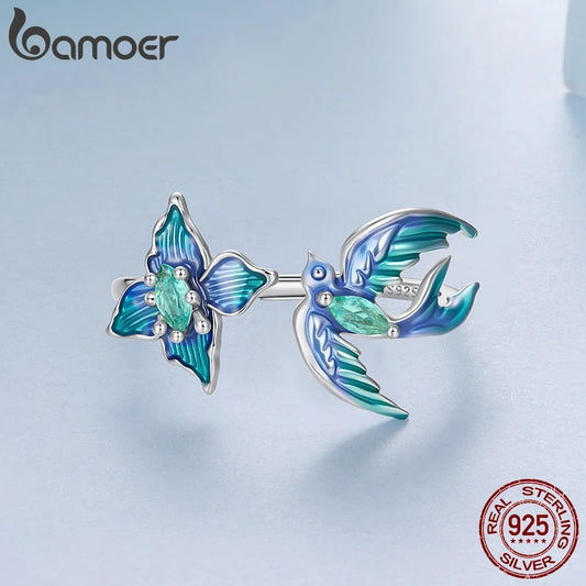Blue Hummingbird Flower Sterling Silver Open Ring