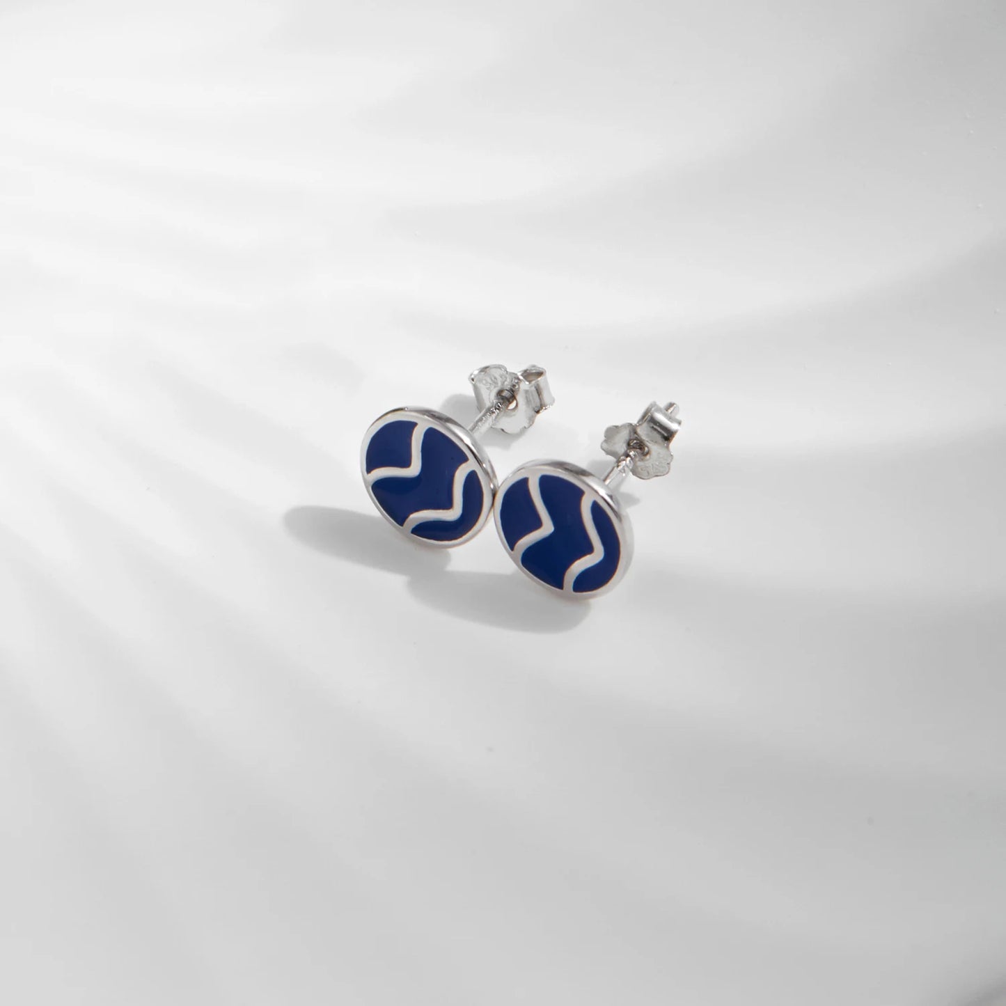Blue Enamel Ripple Sterling Silver Stud Earrings