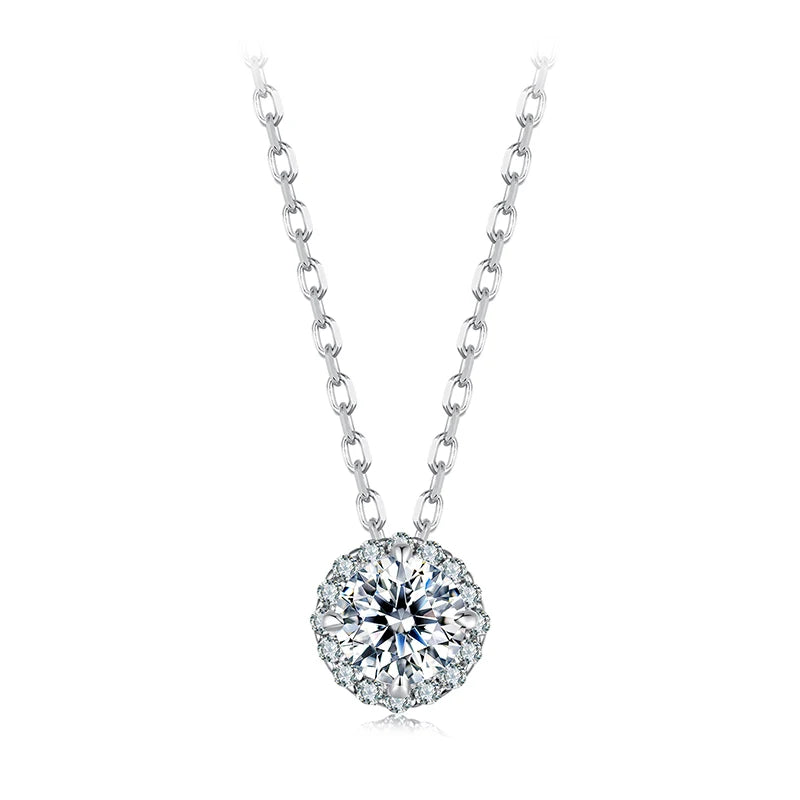 Halo Moissanite Sterling Silver Pendant Necklace