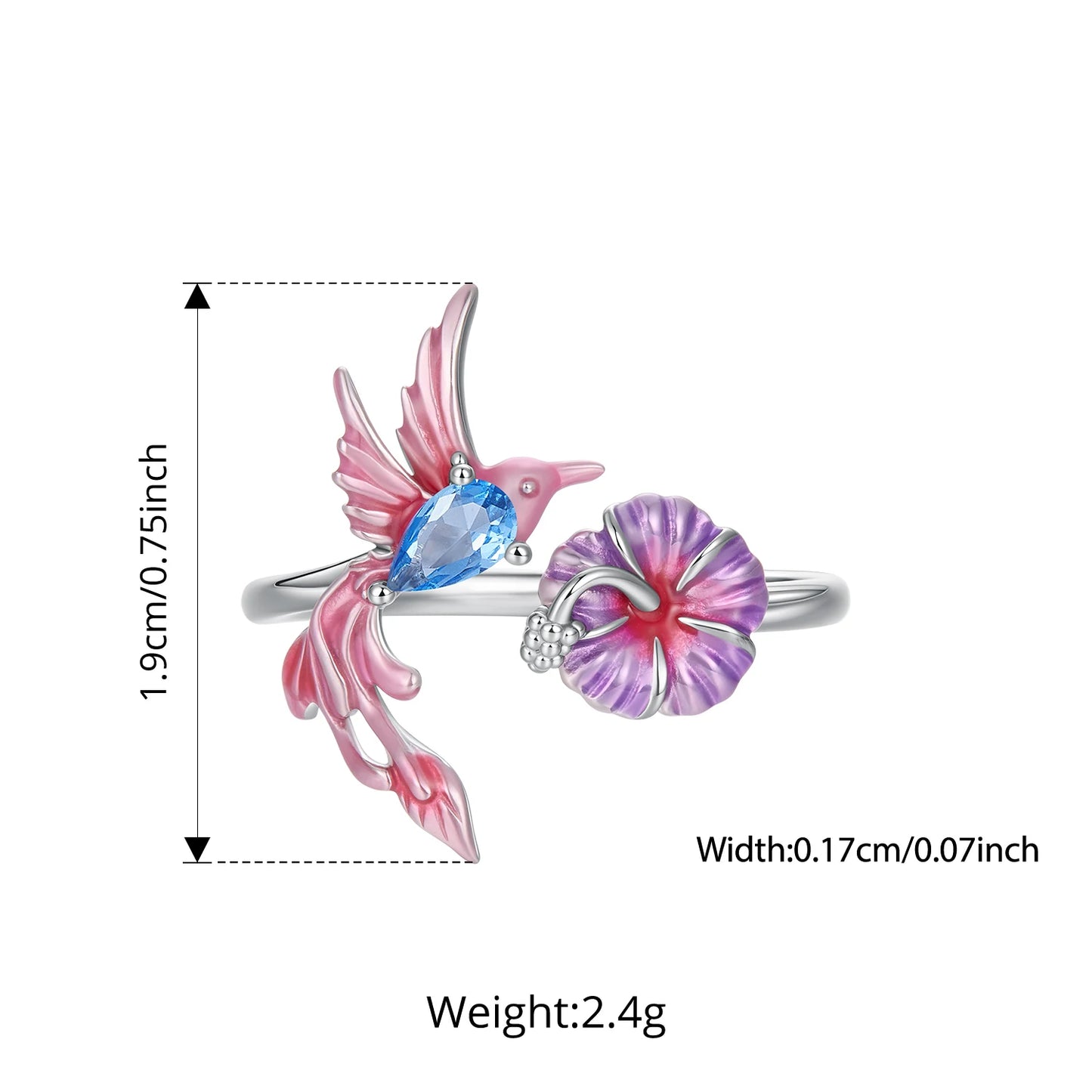 Pink Hummingbird Sterling Silver Open Ring