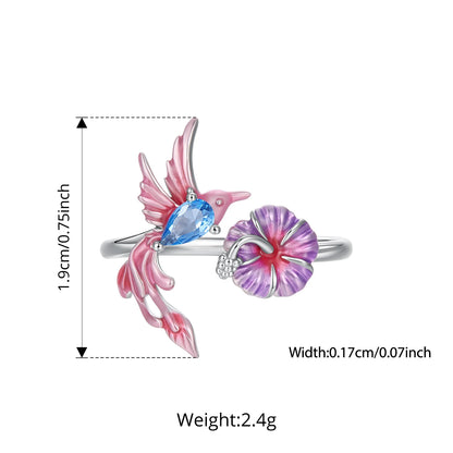 Pink Hummingbird Sterling Silver Open Ring
