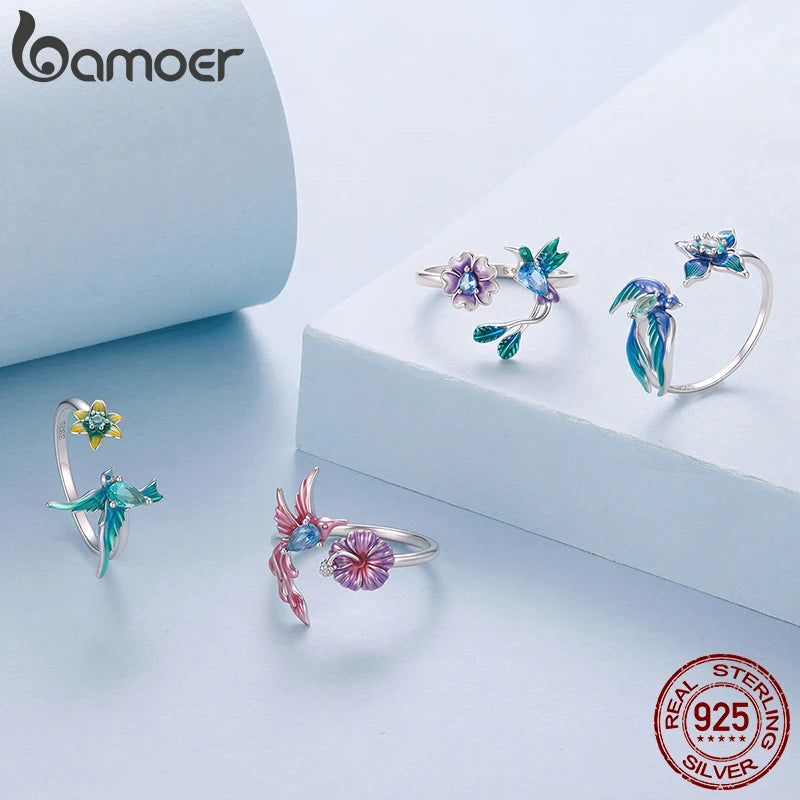 Hummingbird & Flower Sterling Silver Open Ring