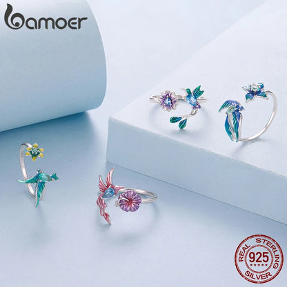 Hummingbird & Flower Sterling Silver Open Ring