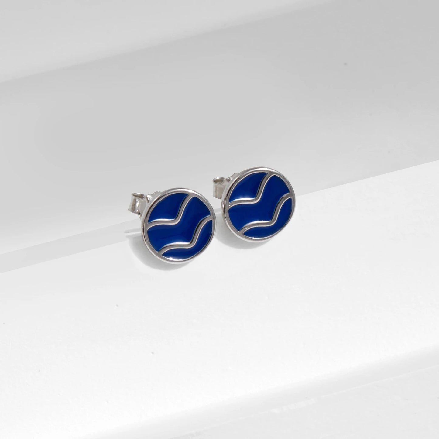 Blue Enamel Ripple Sterling Silver Stud Earrings