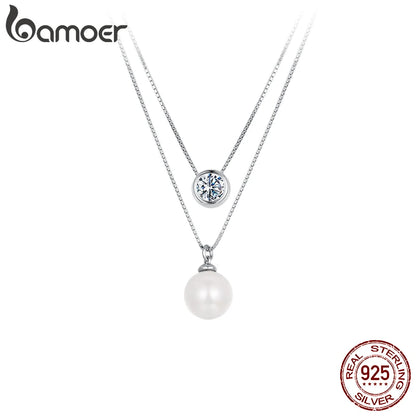 Moissanite & Pearl-Style Layered Sterling Silver Necklace