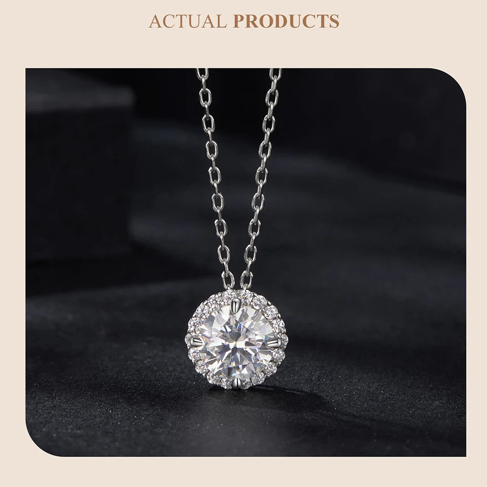 Halo Moissanite Sterling Silver Pendant Necklace