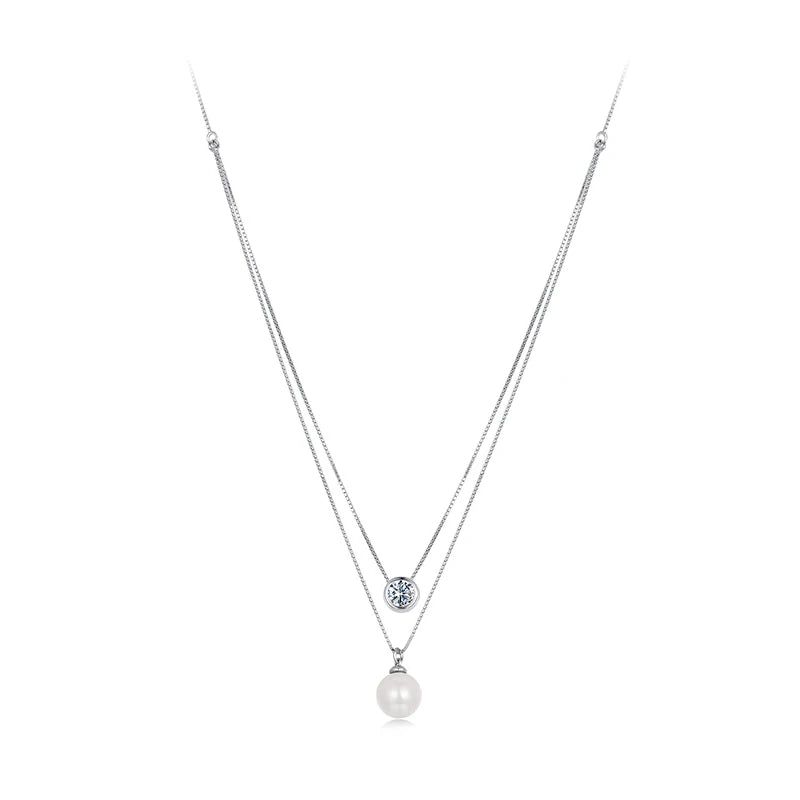 Moissanite & Pearl-Style Layered Sterling Silver Necklace