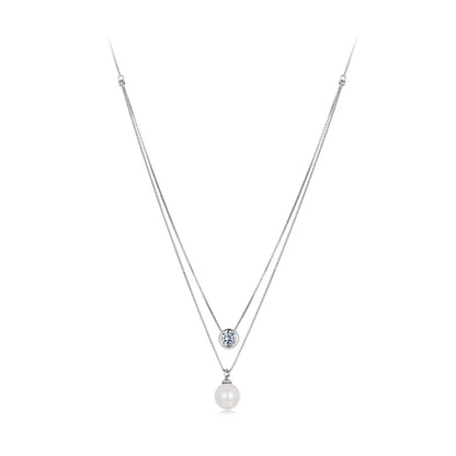 Moissanite & Pearl-Style Layered Sterling Silver Necklace