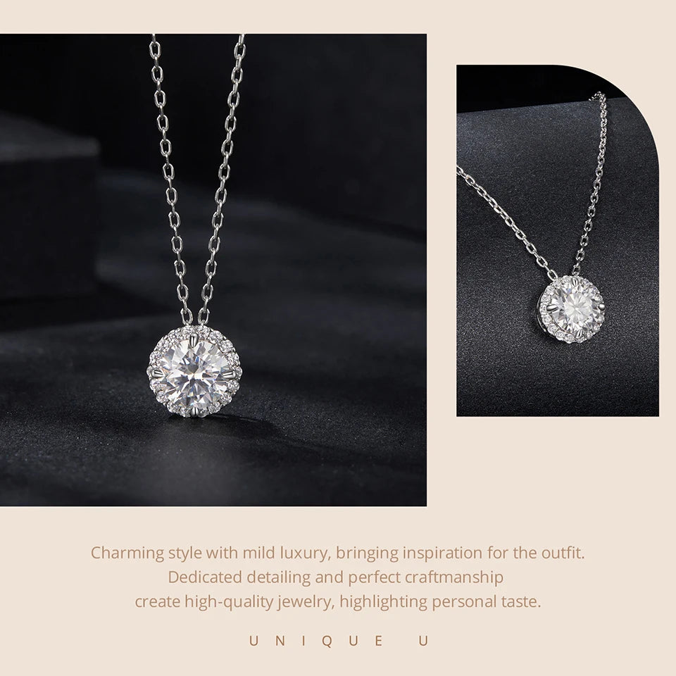 Halo Moissanite Sterling Silver Pendant Necklace
