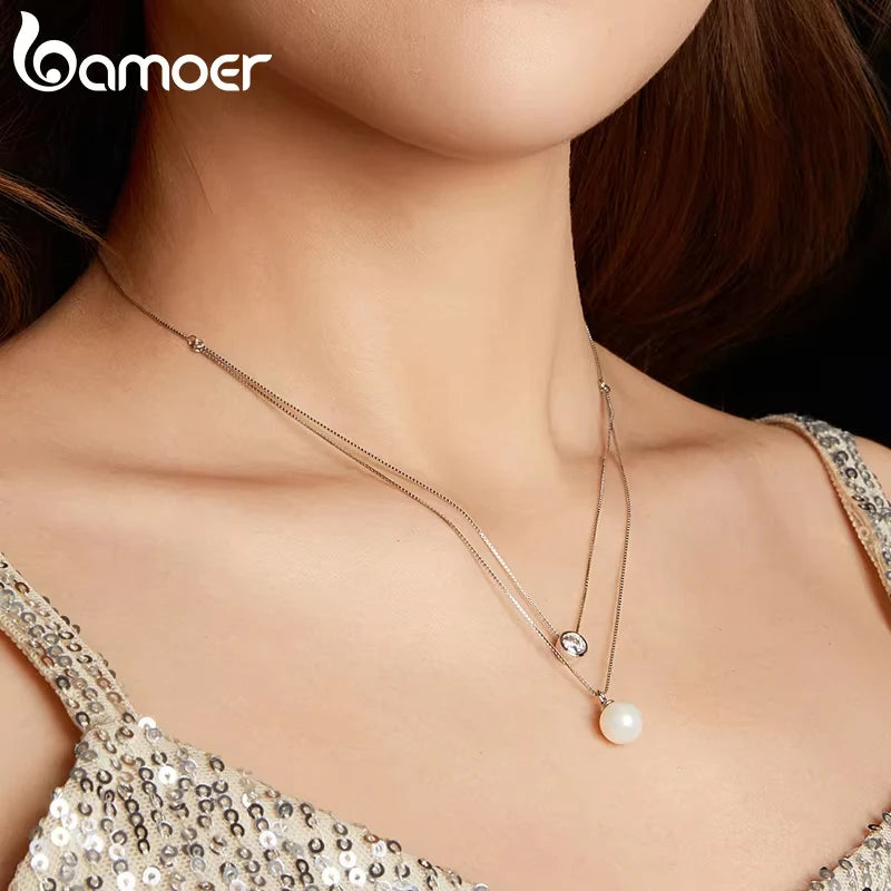 Moissanite & Pearl-Style Layered Sterling Silver Necklace