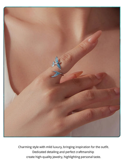 Hummingbird & Flower Sterling Silver Open Ring