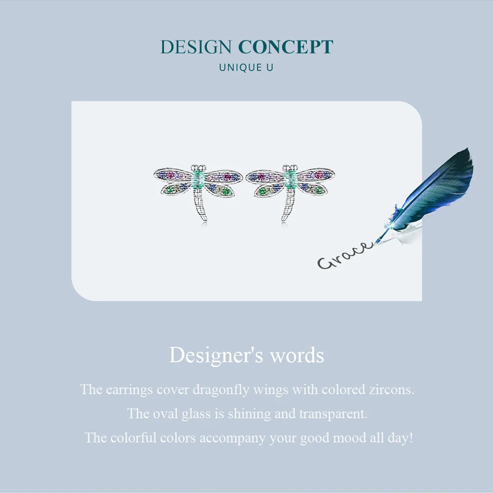Colorful Dragonfly Sterling Silver Stud Earrings