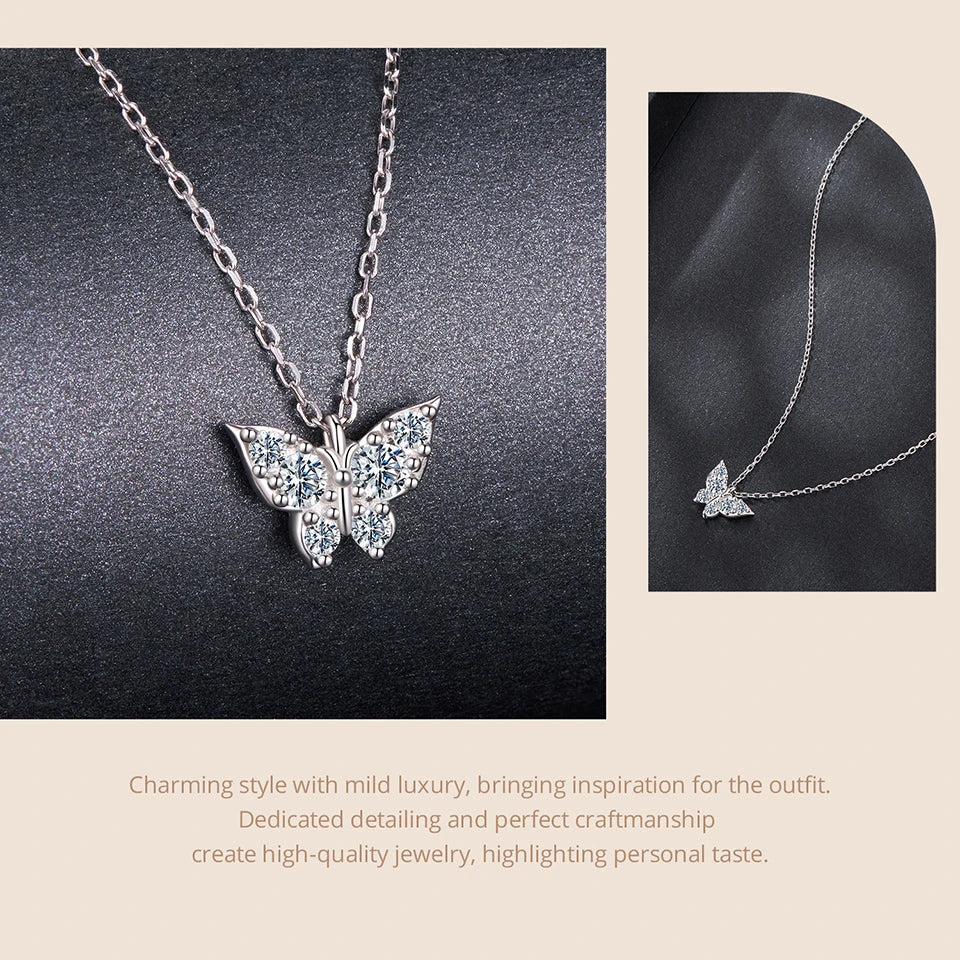 Moissanite Butterfly Sterling Silver Pendant Necklace