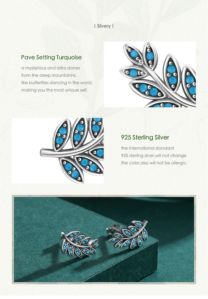 Turquoise Leaf Sterling Silver Stud Earrings