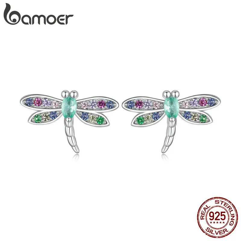 Colorful Dragonfly Sterling Silver Stud Earrings