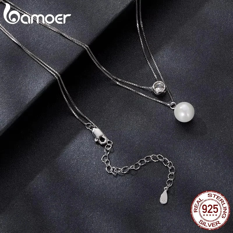 Moissanite & Pearl-Style Layered Sterling Silver Necklace