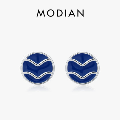 Blue Enamel Ripple Sterling Silver Stud Earrings