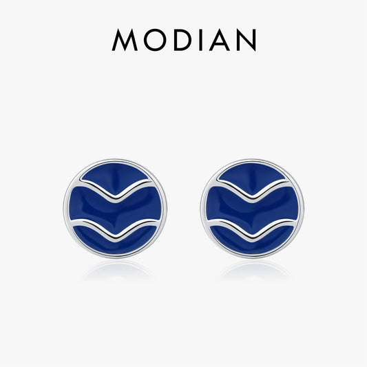 Blue Enamel Ripple Sterling Silver Stud Earrings