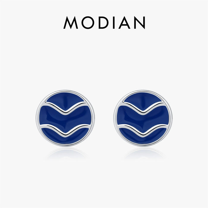 Blue Enamel Ripple Sterling Silver Stud Earrings