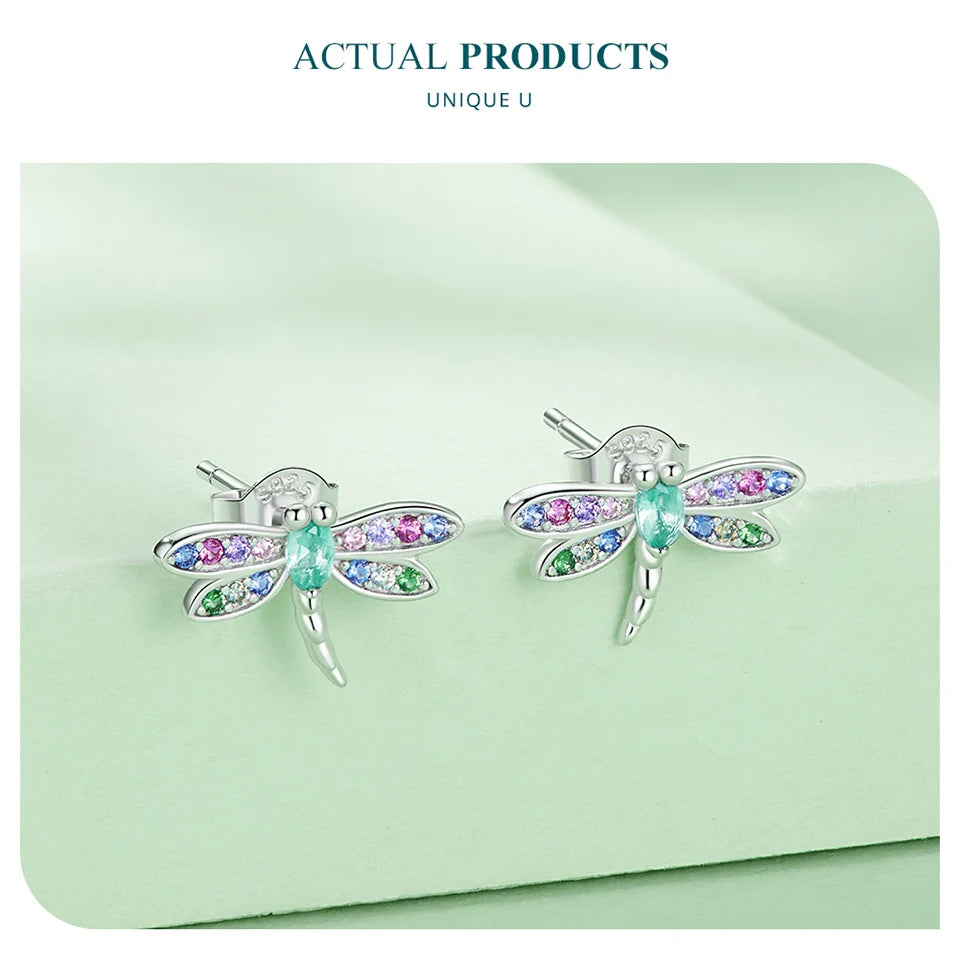 Colorful Dragonfly Sterling Silver Stud Earrings