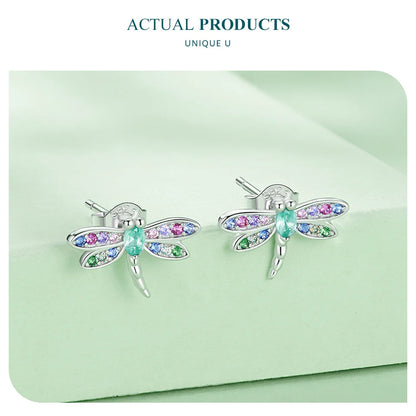 Colorful Dragonfly Sterling Silver Stud Earrings