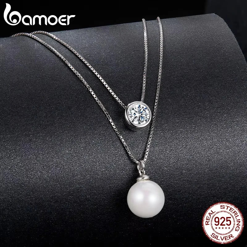 Moissanite & Pearl-Style Layered Sterling Silver Necklace