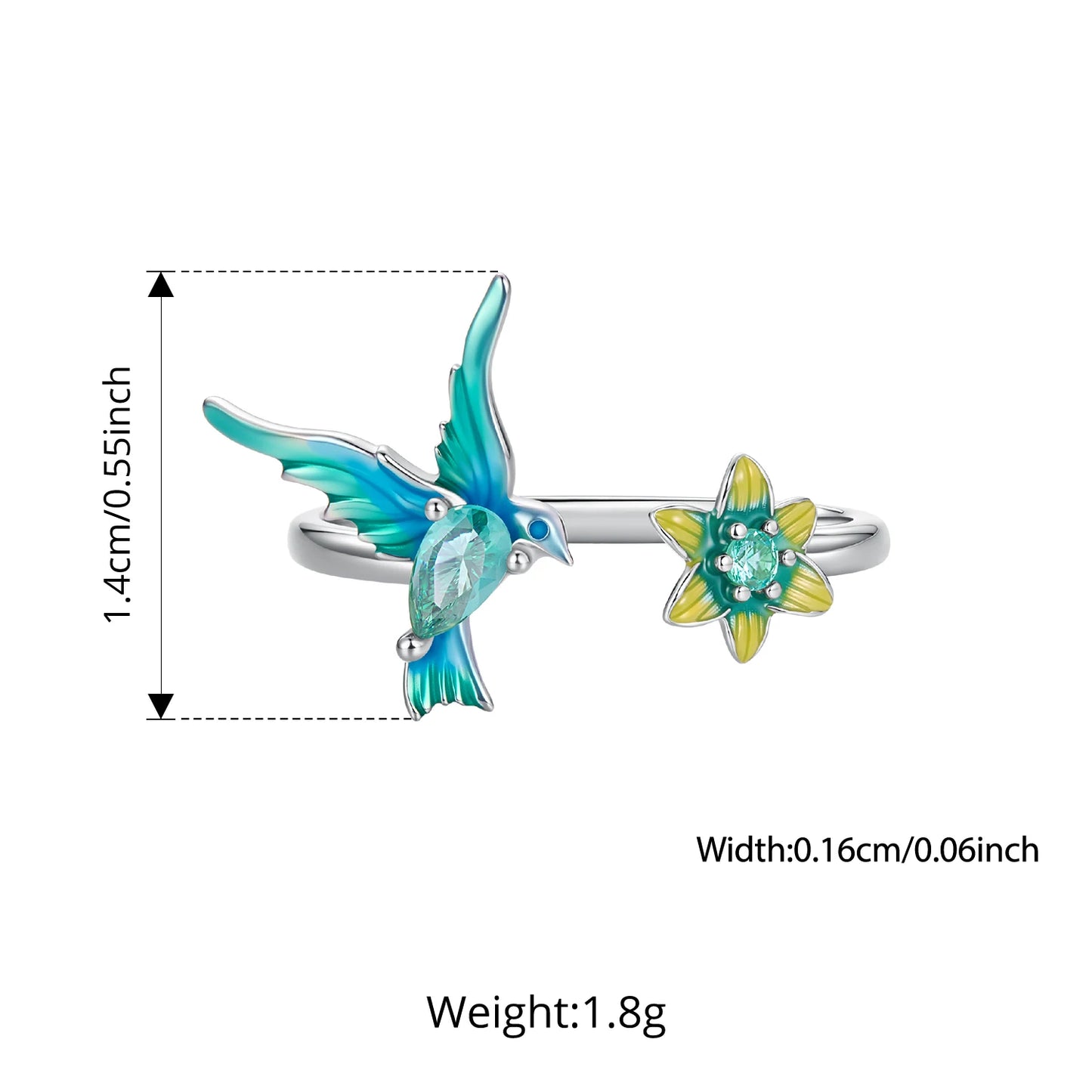 Hummingbird & Flower Sterling Silver Open Ring
