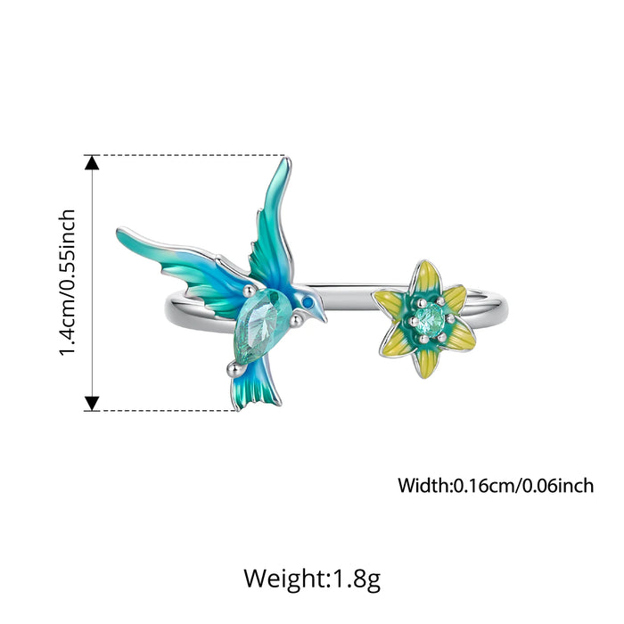 Hummingbird & Flower Sterling Silver Open Ring