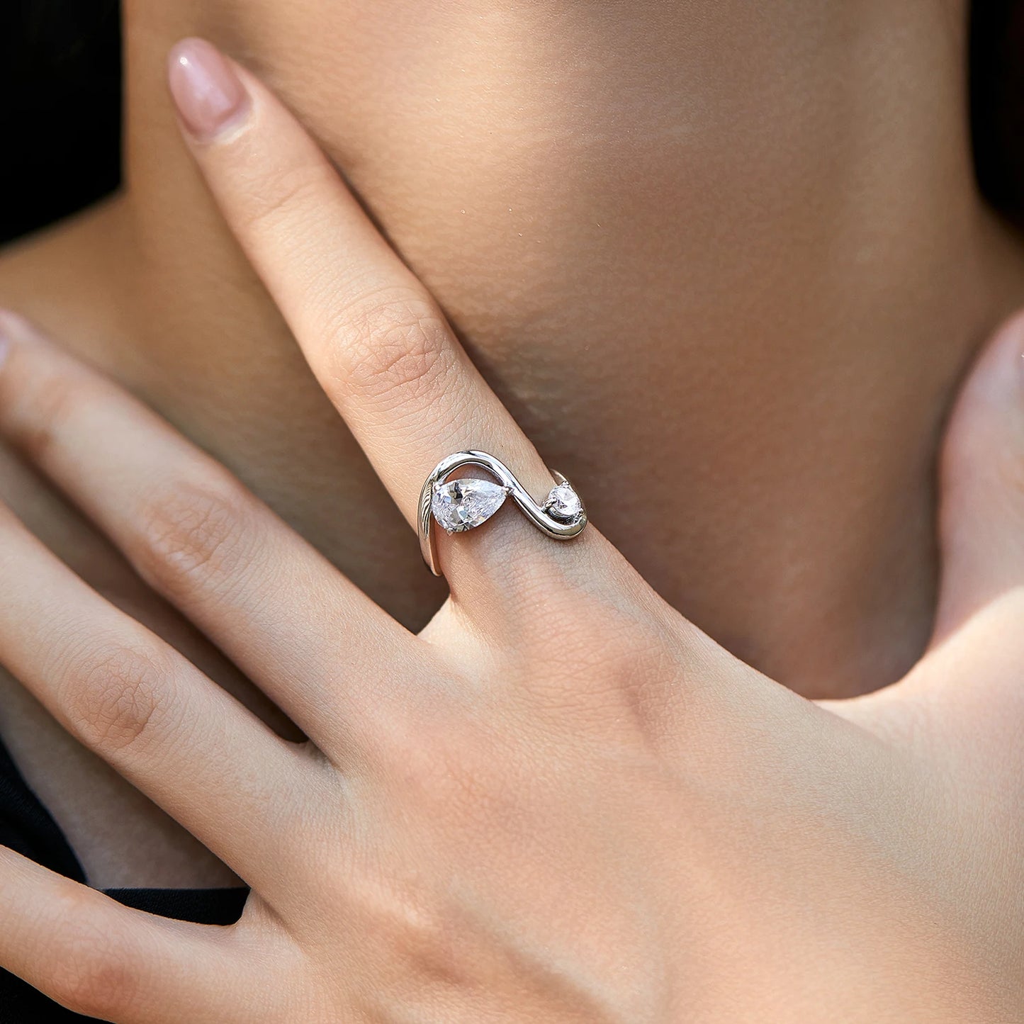 Sculptural Teardrop Zircon Sterling Silver Ring