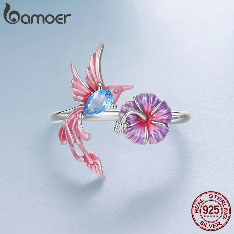 Pink Hummingbird Sterling Silver Open Ring