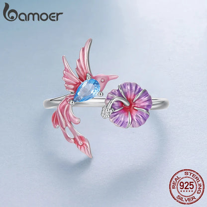 Pink Hummingbird Sterling Silver Open Ring