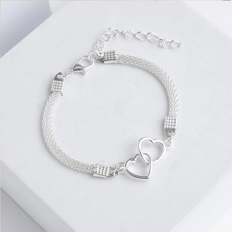 Linked Heart Silver-Tone Anklet