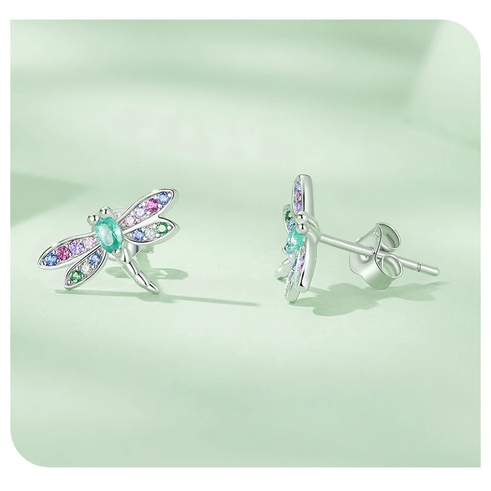 Colorful Dragonfly Sterling Silver Stud Earrings