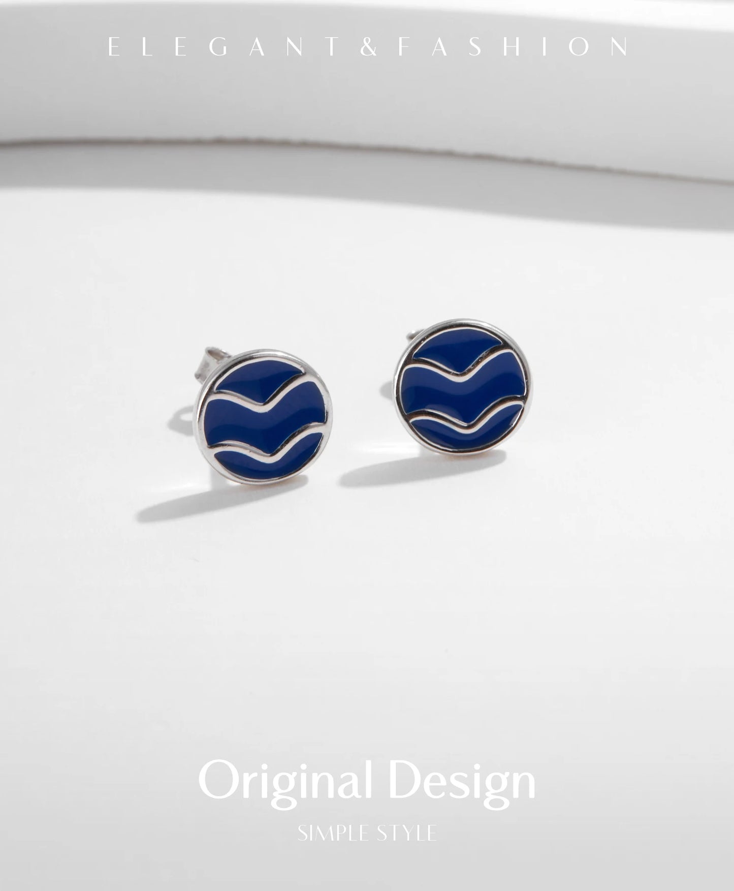 Blue Enamel Ripple Sterling Silver Stud Earrings