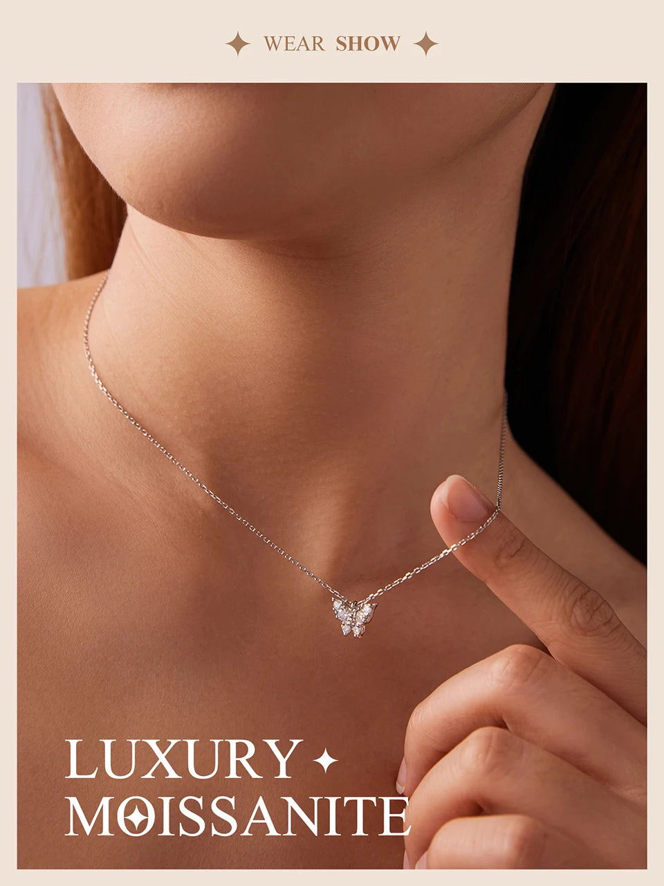 Moissanite Butterfly Sterling Silver Pendant Necklace