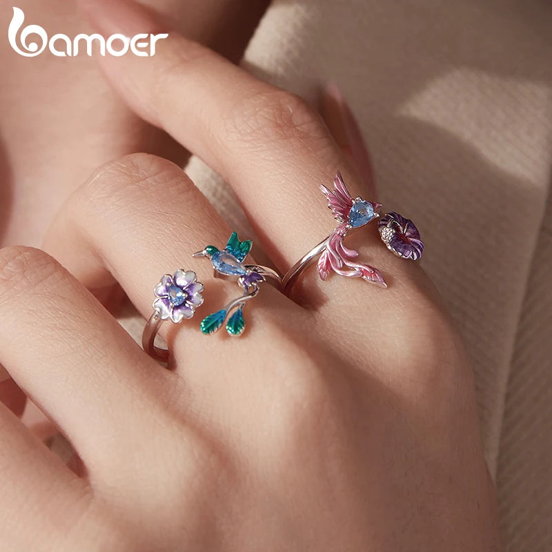 Hummingbird & Flower Sterling Silver Open Ring
