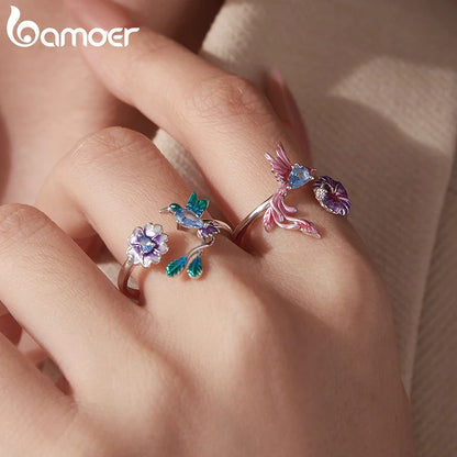 Hummingbird & Flower Sterling Silver Open Ring