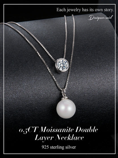 Moissanite & Pearl-Style Layered Sterling Silver Necklace