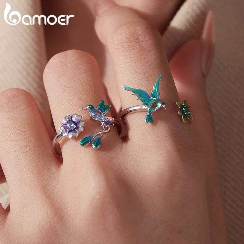 Hummingbird & Flower Sterling Silver Open Ring