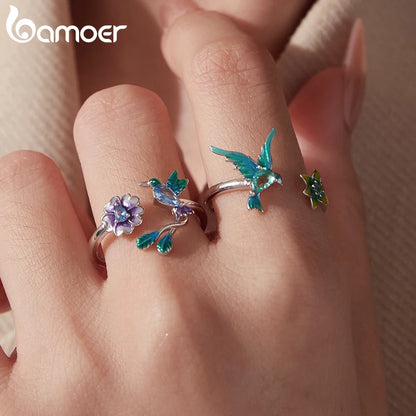 Hummingbird & Flower Sterling Silver Open Ring